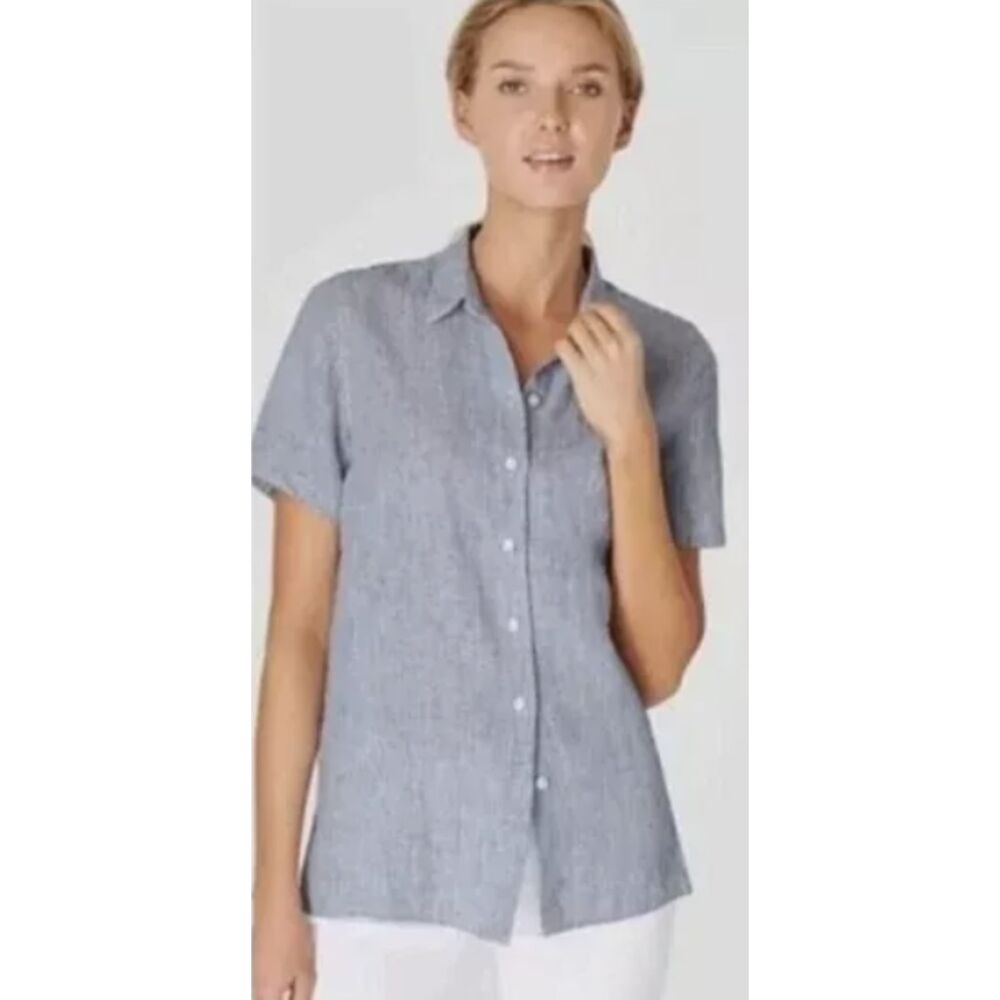 J Jill Linen Blue White Striped Short Cap Sleeve Button Down Floral Back Top LP - Picture 8 of 12